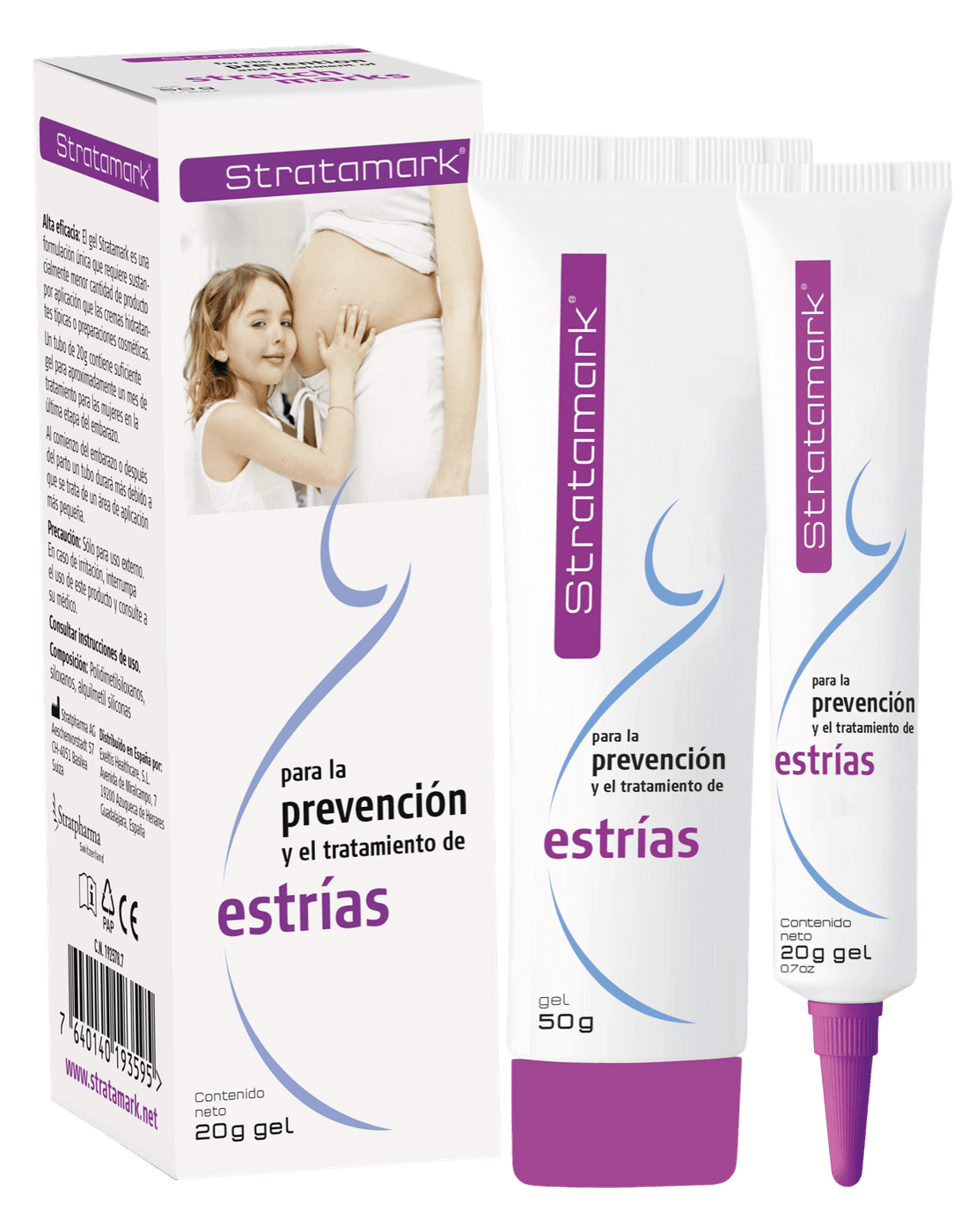 Envase español de Stratamark con los formatos de 50 g y 20 g, gel para la prevención y el tratamiento de las estrías